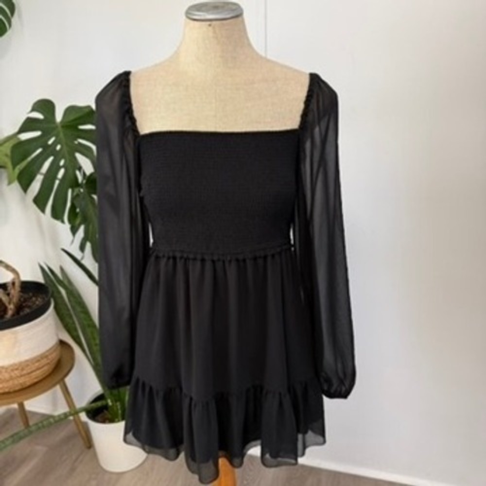Wilfred Smocked Mini Dress Womens Medium Black Sheer Long Sleeve Square Neck LBD